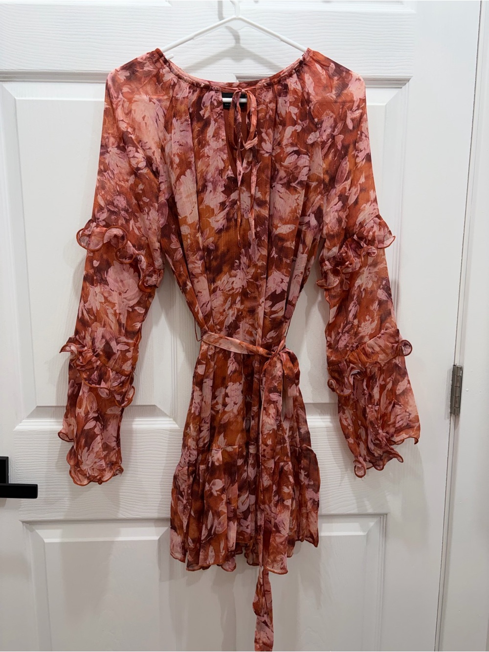 Vici Pink Floral Tie-Waist Long Sleeve Mini Dress